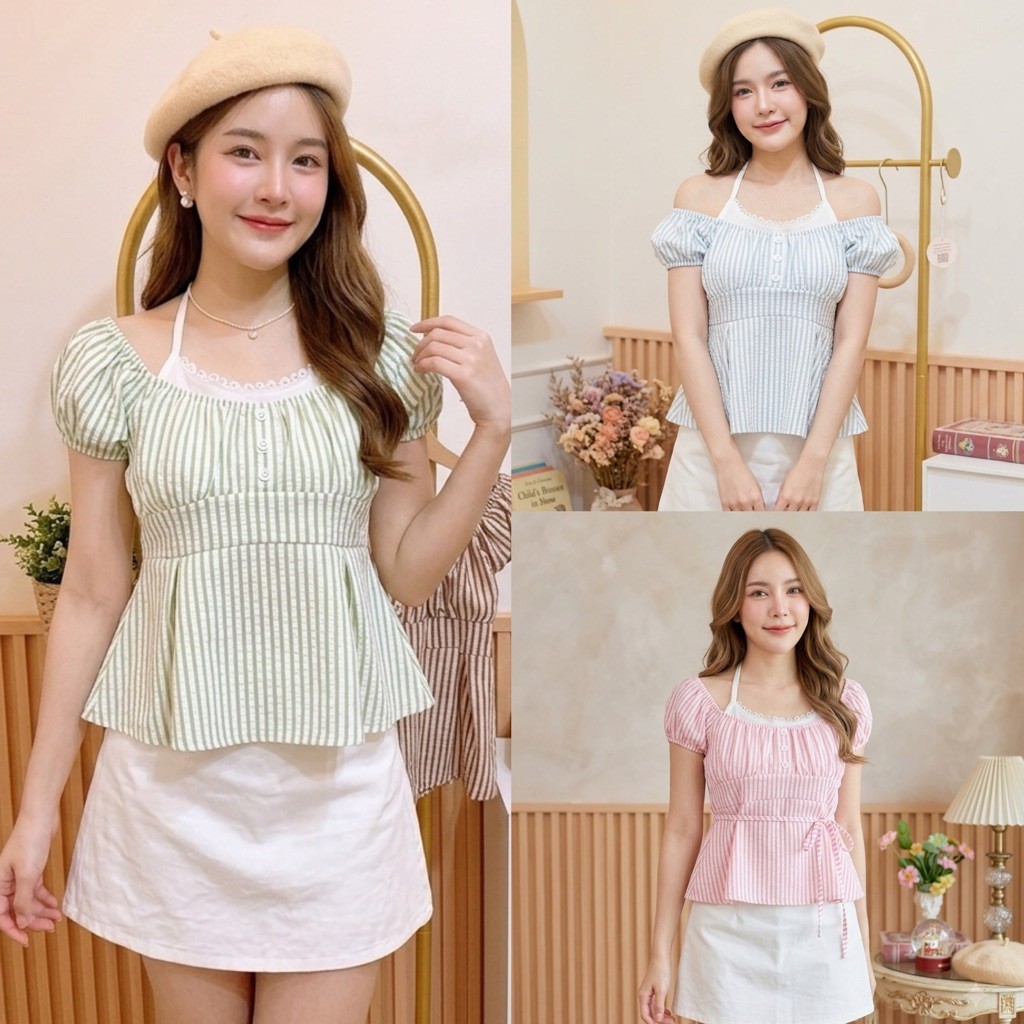 เสื้อแขนตุ๊กตา ใส่ได้ 2 แบบลายริ้ว ด้านหลังเป็นสม็อคมีเชือกให้ผูกเอว