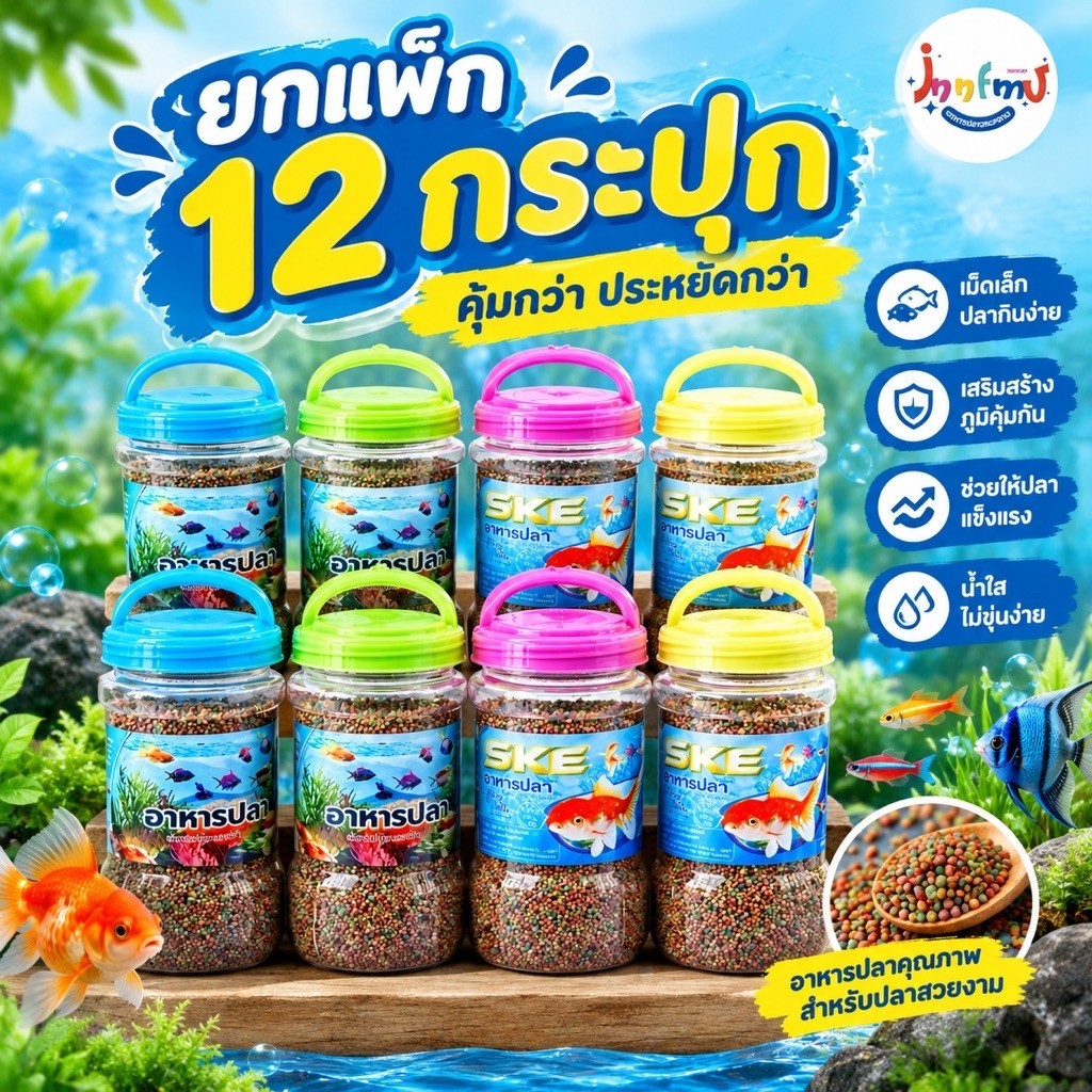 อาหารปลาสวยงาม (แพ็ก 12 กระปุก) เม็ดเล็ก เหมาะสำหรับปลาทุกชนิด สีกระปุกคละแบบ