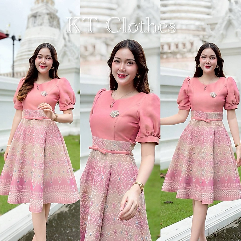 [ทักเช็คไซส์ก่อนสั่ง] ชุดเดรสผ้าไทยทอแต่งแขนเจ้าหญิง อัดกาวทั้งชุด