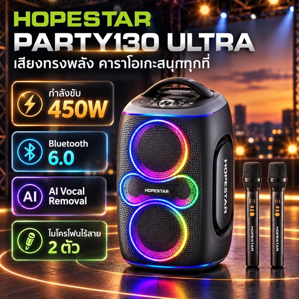 ลำโพง Hopestar Party130 Ultra 450W + 2 microphoneไร้สาย