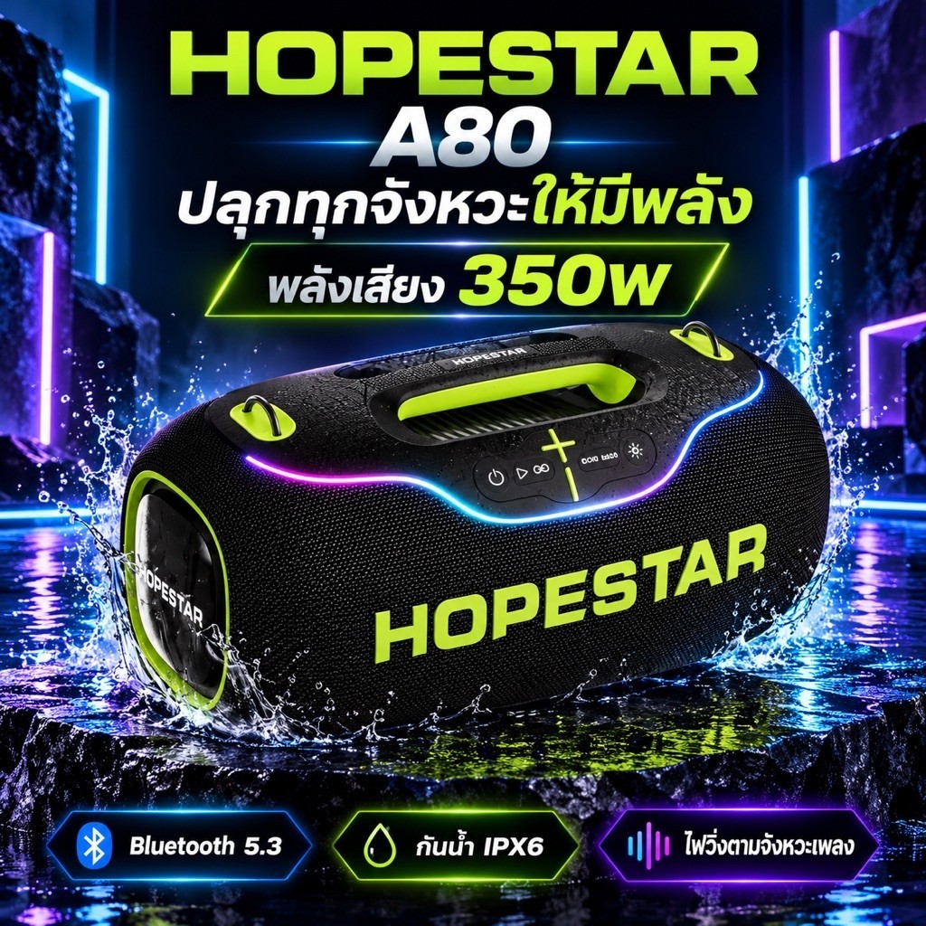 HOPESTAR A80 (350W) Party Speaker ลำโพงบลูทูธ พร้อม ไมค์ลอย 1 อัน / 2อัน มีไฟ RGB ปรับเบส 3 โหมด