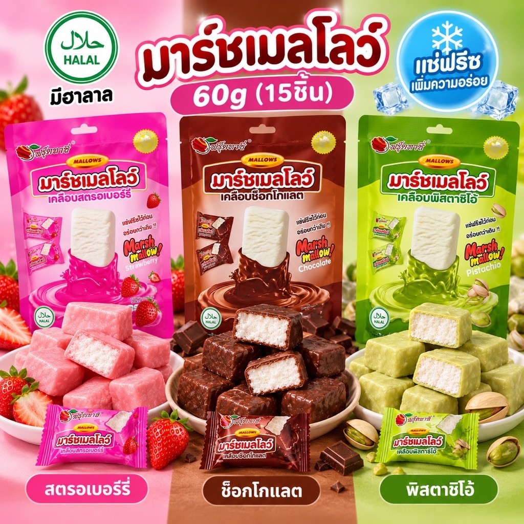 มาร์ชเมลโล่เคลือบช็อกโกแลต🍫สตอเบอรี่🍓พิตาชิโอ้🍃60g มีฮาลาล