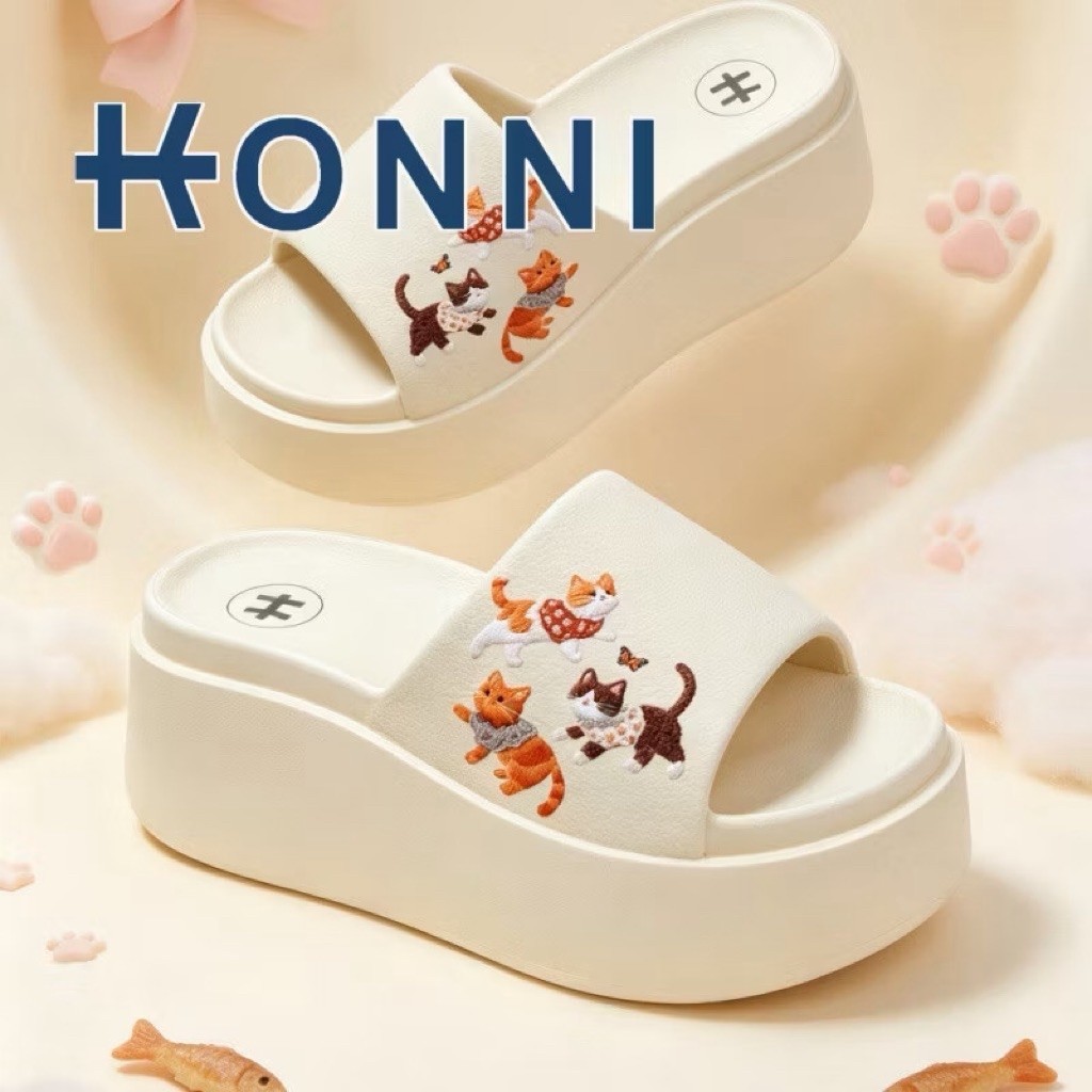 Konni รองเท้าพื้นหนา EVA น่ารักเกินต้าน! 🐾💖 KONNI รองเท้าแตะแพลตฟอร์มลายปักสุดคิวท์