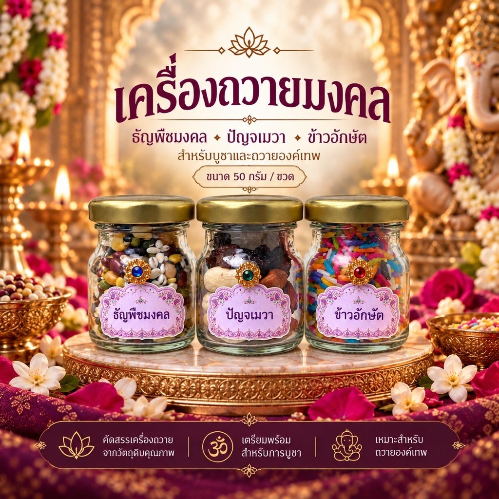 เครื่องถวายมงคล 3 ชนิด สำหรับบูชาองค์เทพ | ธัญพืชมงคล • ปัญจเมวา • ข้าวอักษัต | ขวดละ 50 กรัม