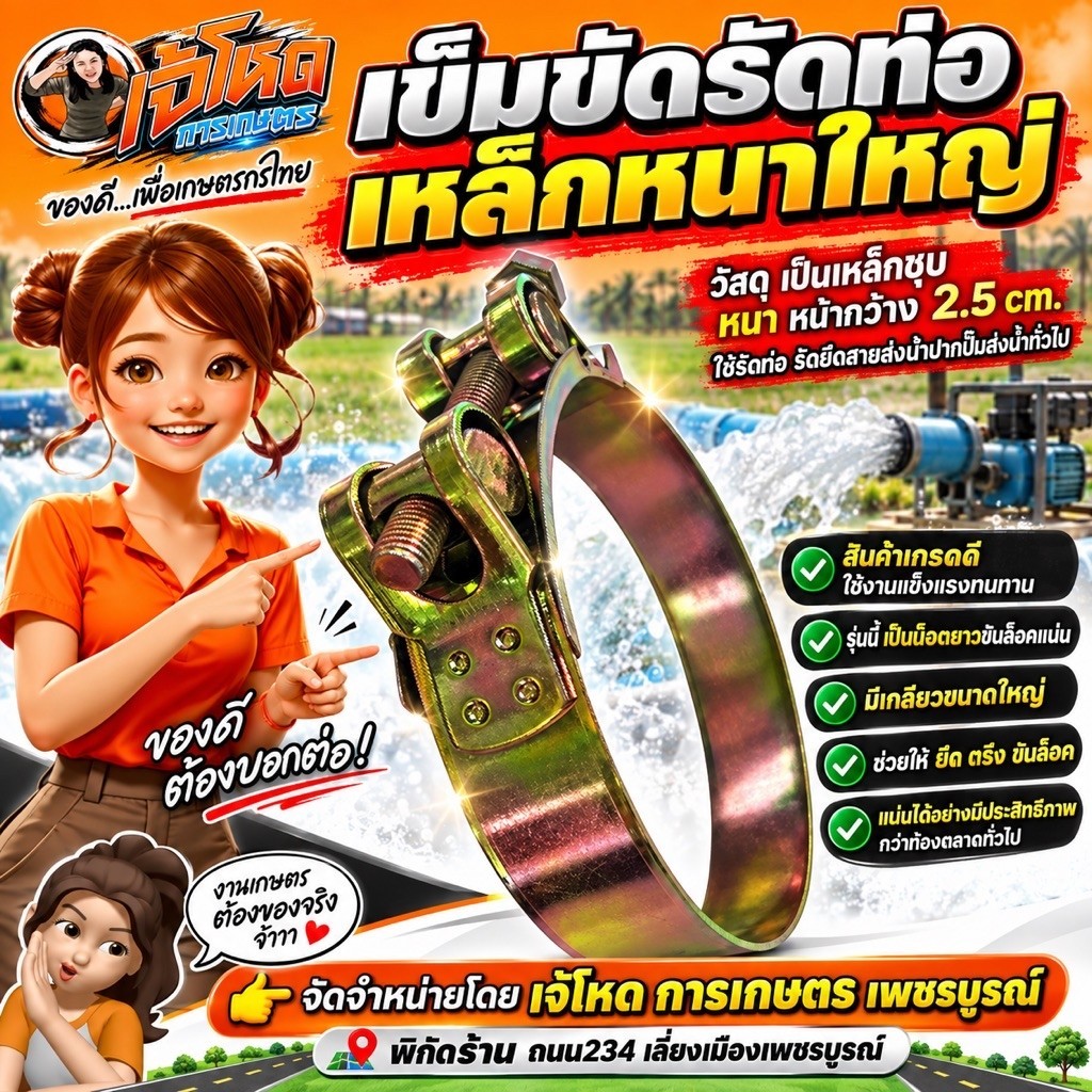 เข็มขัดรัดท่อ ใหญ่ยักษ์ เหล็กหนา หน้ากว้าง 2.5 cm. รับแรงดันสูง 6 หุน - 4"