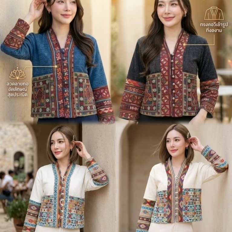 เสื้อพื้นเมืองผู้หญิงคอวีแต่งผ้าทอ รุ่น สิริดา (สายธารมงคล)