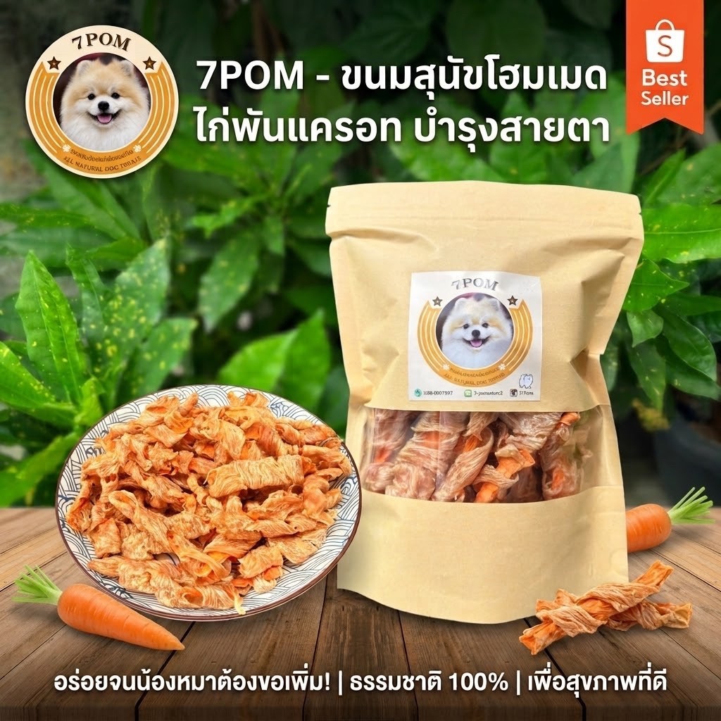 ขนมสุนัข ไก่พันแครอท สันในไก่อบแห้งแท้ 100% ไม่ปรุงรส ไร้สารกันบูด เพื่อสุขภาพ บำรุงสายตา อร่อยเคี้ยวเพลิน