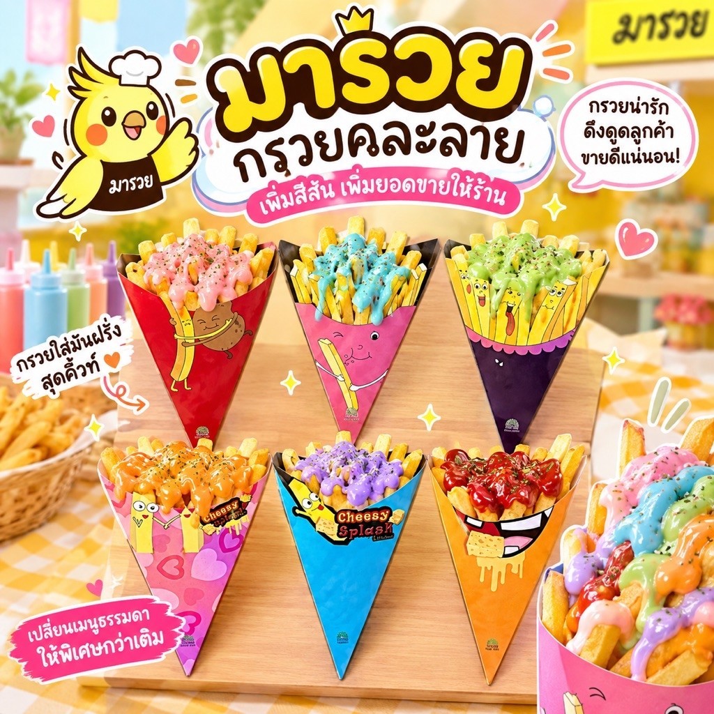 [ขายดี!] กรวยเฟรนฟรายส์ ลายน่ารัก สีสด กระดาษหนา ไม่ซึม | พร้อมส่งด่วน