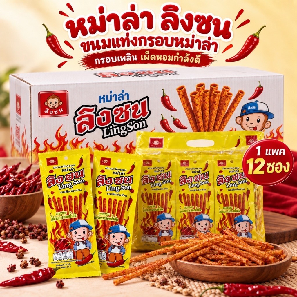 ลิงซน ขนมแท่งกรอบรสหม่าล่า ตราลิงจอมซน (ยกลัง 12 แพค 144 ซอง)