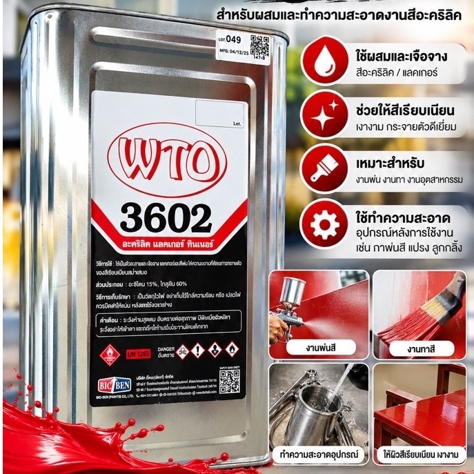ทินเนอร์ อะคิลิค 3602 100% WTO (ยี่ห้อ BICBEN) ปิ๊ปละ 8 ก.ล ผสมสีรถยนต์ สินค้าใหม่