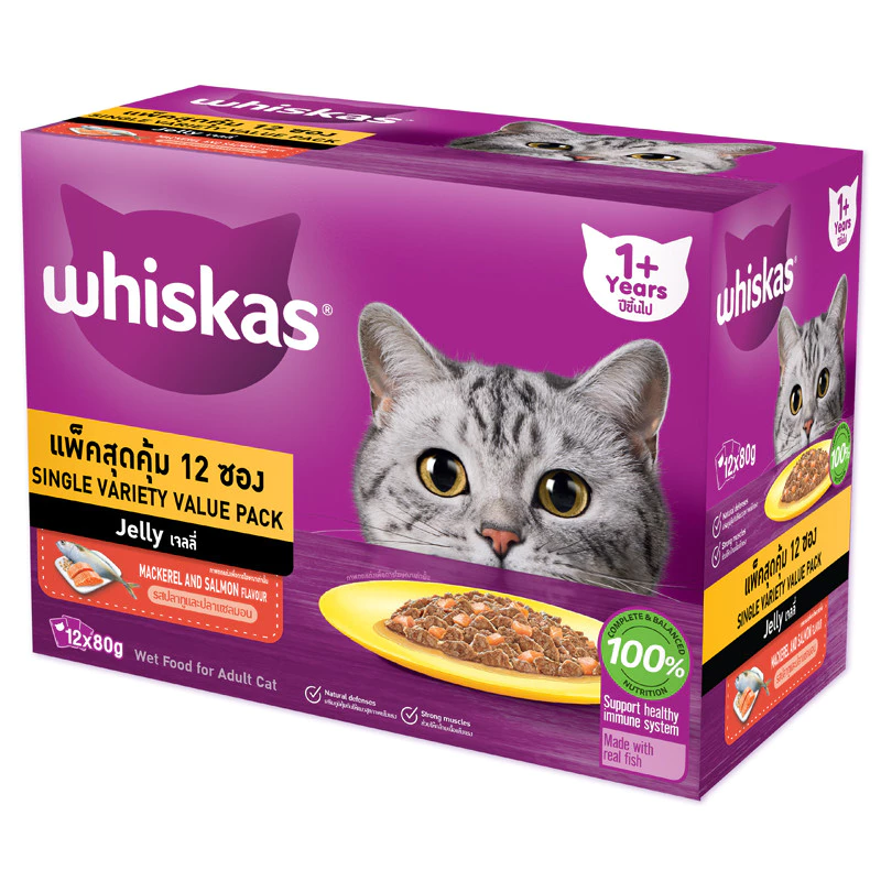 [จัดส่งจากคลัง] WHISKAS วิสกัสเพาช์รสปลาทูและปลาแซลมอน 80กรัม แพค12 [8851393100837]