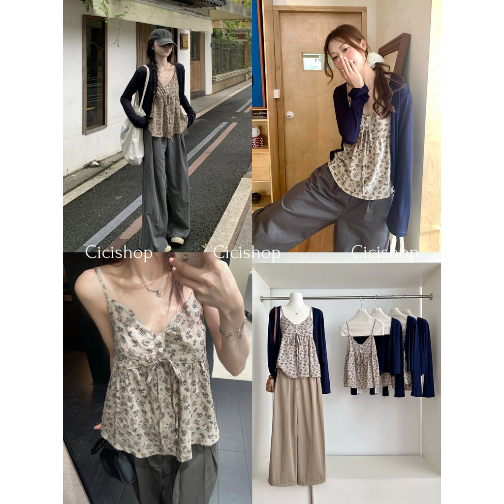 Cicishop(J2236)Set2ชิ้นเสื้อสายเดี่ยวกระดุมแต่งสายปรับได้ดีเทลจ้ำด้านหลังพิมพ์ลายดอกไม้+เสื้อกรมแขนยาว