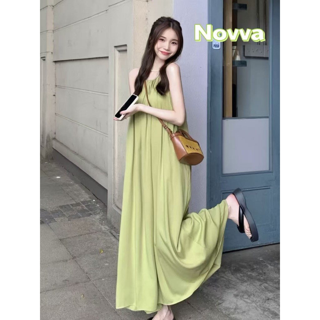 Novva ส่งไวจาก ชุดเที่ยวทะเล เดรสทรงหลวม ชุดเดรสยาว เดรสแขนกุด เดรสคอกลม เนื้อผ้าใส่สบาย