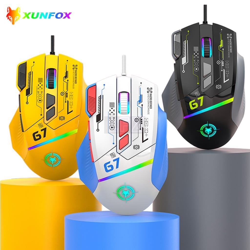 XUNFOX G7 เมาส์สําหรับเล่นเกมแบบมีสายพร้อมไฟ RGB ความแม่นยําสูง 12800 DPI Sensor Tactile Mechanical