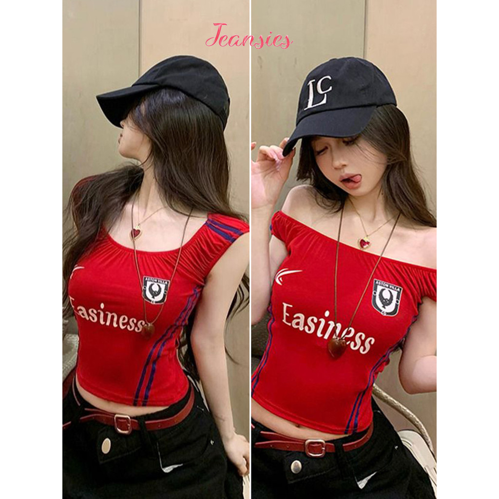 เสื้อครอปแขนพอง เข้ารูป คอกว้าง สีสันโดดเด่น