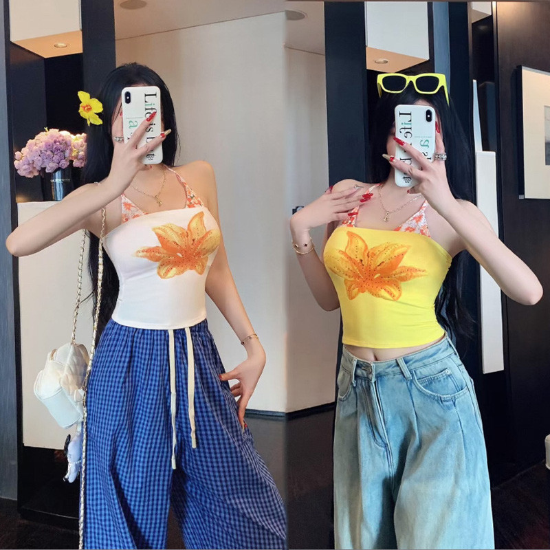COD เสื้อเกาะอก+บราคล้อง สีสดใน ลายดอกไม้ มีฟองน้ำในตัวยืดพอดีมินิมอลส เซ็กซี่ ใส่สบาย
