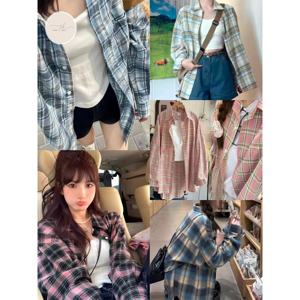 พร้อมส่ง 24ชม. เสื้อคลุมลายสก็อต เสื้อเชิ้ตแขนยาว กันแดด เสื้อใส่สบายชิวๆแฟชั่นผู้หญิง