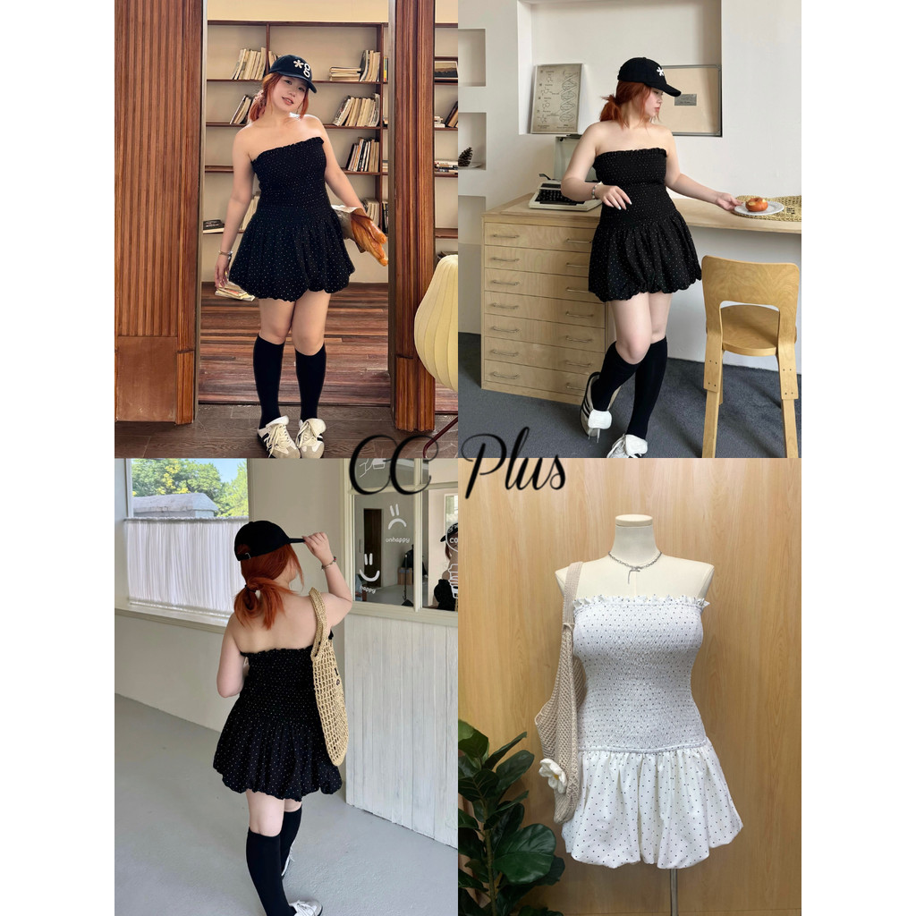 CiCi Plus+(J2267) เดรสเกาะอกทรงบอลลูนลาย Polka dot สม็อครอบตัว ผ้าโพลีเอสเตอร์ สไตล์สาวโคเรียพลัสไซส์ ไม่มีซับใน