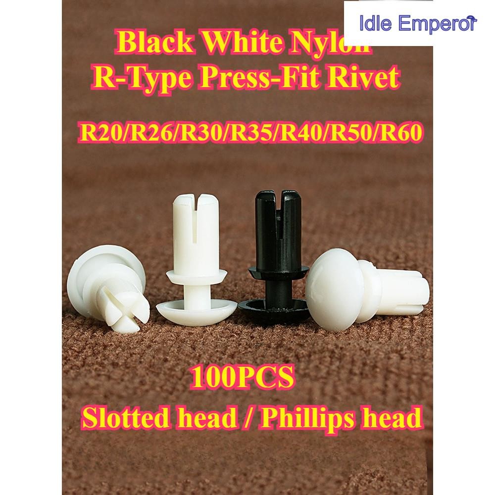 [-MD] 100PCS สีดําสีขาวไนลอน, R-Type Press-Fit Rivet, R20/R26/R30/R35/R40/R50/R60, PC ฉนวนพลาสติกยึด