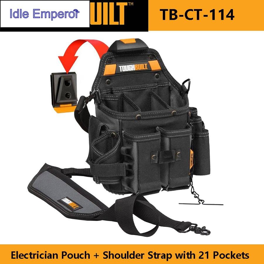 TOUGHBUILT TB-CT-114 กระเป๋าช่างไฟฟ้า + สายสะพายไหล่พร้อมกระเป๋า 21 ใบและห่วงกระเป๋าเครื่องมือที่ทนท