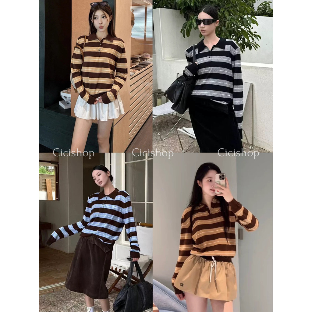 Cicishop(M3750)เสื้อแขนยาวคอปกไหมพรมลายทาง กระดุมใช้งานได้จริงดีเทลแต่งขอบร่อง ผ้ายืดได้ทั้งตัวใส่สบาย แฟชั่นสไตล์เกาหลี