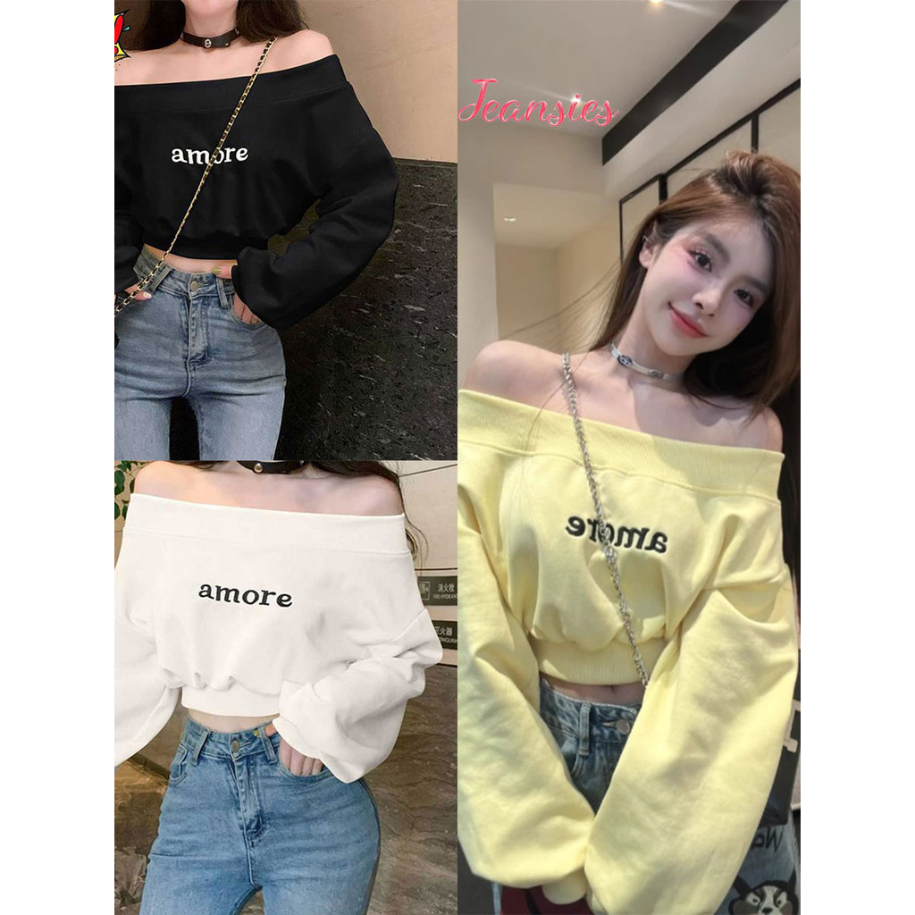 เสื้อครอปแขนยาวผู้หญิง ดีไซน์เปิดไหล่ สไตล์เกาหลี