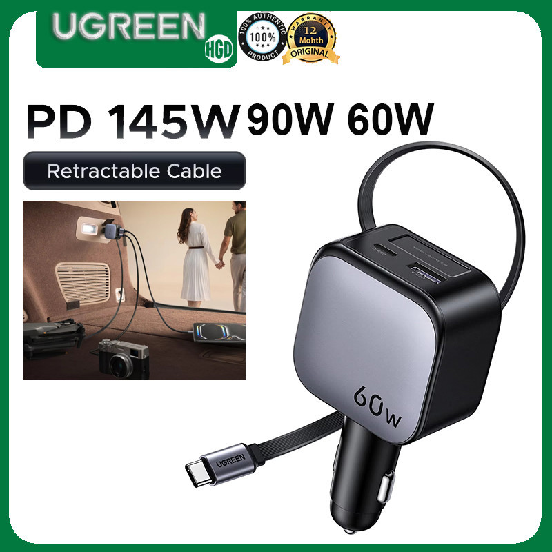 UGREEN ที่ชาร์จแบตในรถพร้อมสายหด 145W 90W 60W PD QC4.0 Fast Charging USB C Charger