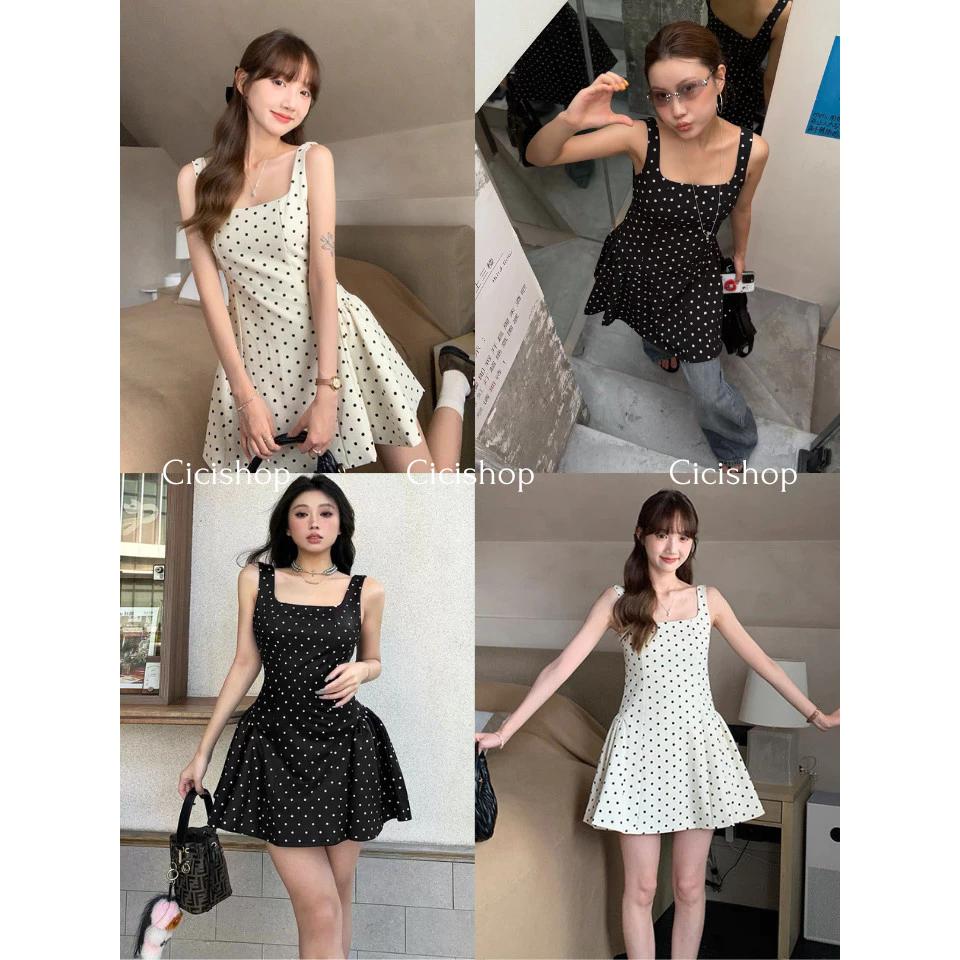 Cicishop(3405) มินิเดรสลายจุดคอเหลี่ยมแขนกุด Polka dot มีซิปด้านหลัง แต่งกระโปรงบานออกสไตล์สาวฝรั่งเศส
