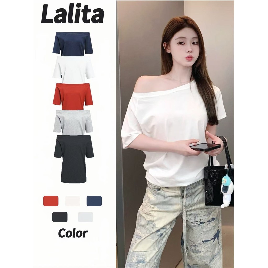 พร้อมส่ง ทรงหลวม เสื้อยืดเปิดไหล่ เสื้อเเขนสั้นผู้หญิง  ใส่เเบบเปิดไหล่ได้ ผ้านิ่ม Lalita