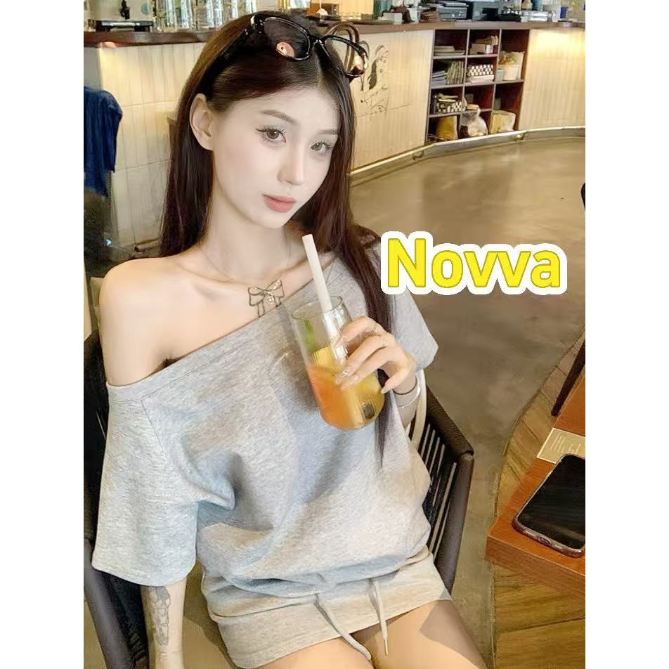 ส่งไวจากไทย เสื้อปาดไหล่ เสื้อผ้าแฟชั่นผู้หญิง ผ้าไม่หนาใส่สบายสุด Novva