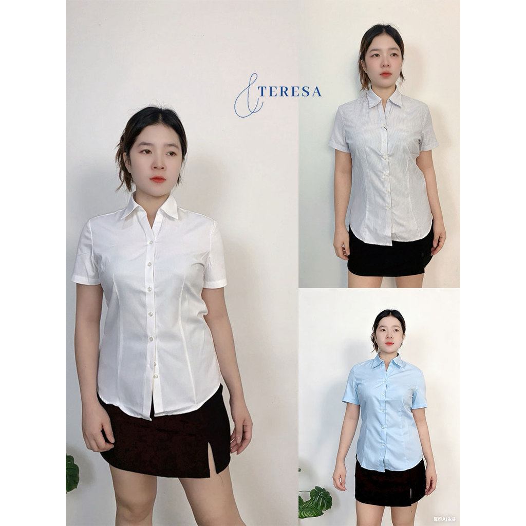 เสื้อเชิ้ตผู้หญิง เสื้อลายทางสีเขียว เสื้อเชิ้ตแขนสั้น