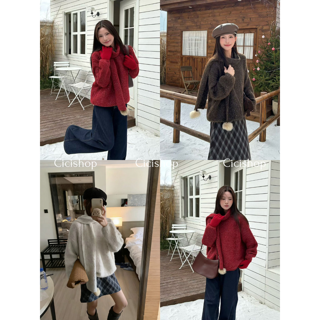 Cicishop (M6017) เสื้อสเวตเตอร์คอกลมแขนยาวสีพื้นกันหนาว ผ้าขนนุ่ม แถมผ้าพันคอแต่งลูกบอลขนปอมปอม สไตล์ฤดูหนาว