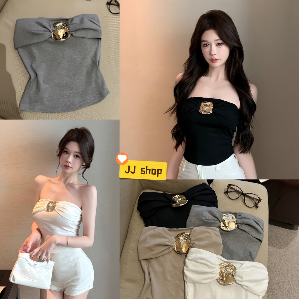 JJ Shop​💜​พร้อมส่ง เสื้อเกาะอกเสริมฟองน้ำ ดีเทลเรียบหรูดุแพง สไตล์ลำลอง เซ็กซี่ "FY5540"