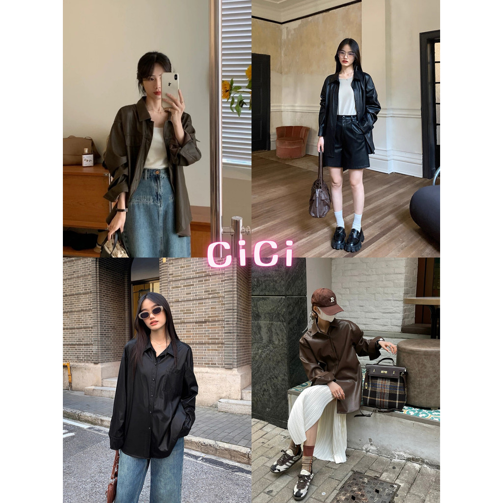 ส่งทันทีCici(NO. 3411) เสื้อหนังแขนยาวคอปก มีกระเป๋าหน้ากระดุมใช้งานได้จริงมีซับด้านใน สไตล์เรโทรยุค90