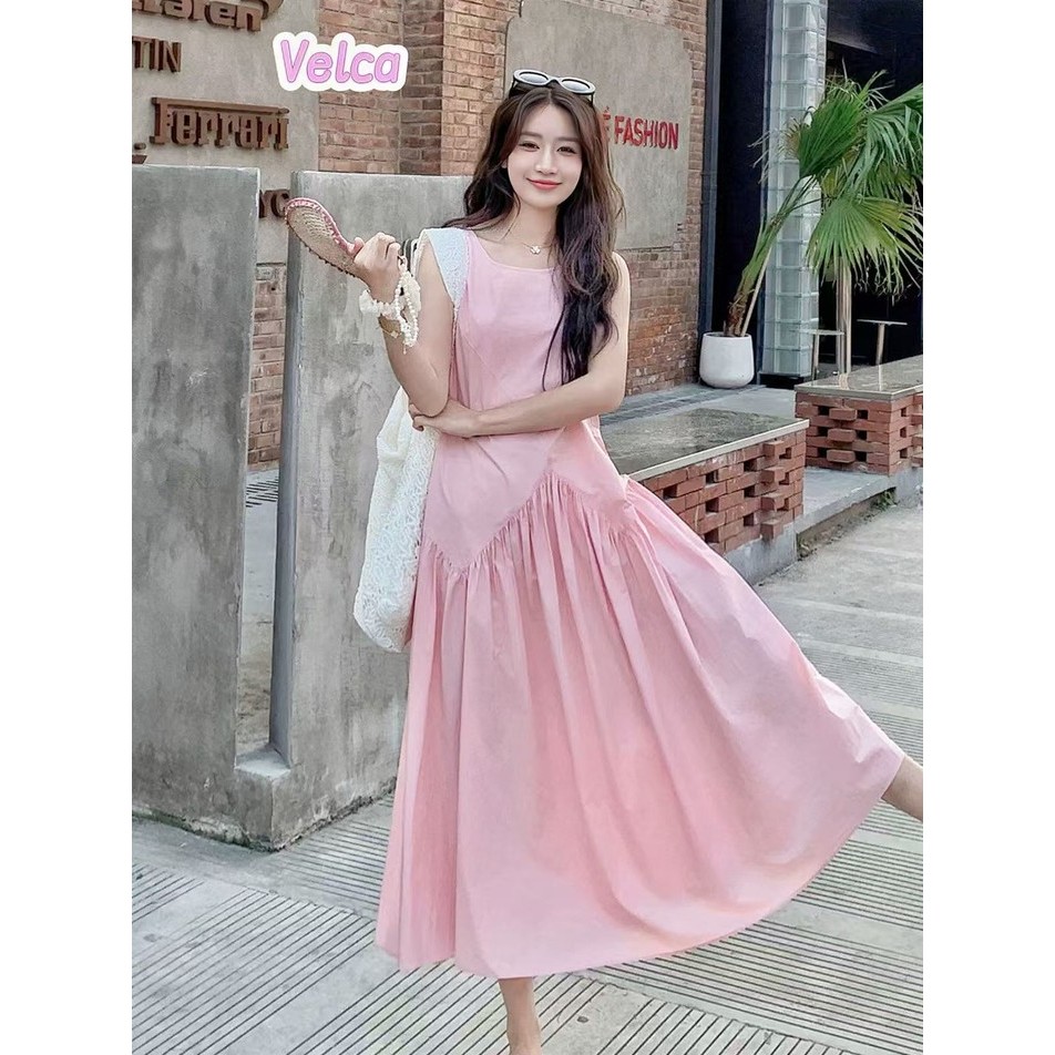 ส่งไวจากไทย ชุดเดรสยาว เดรสแขนกุด ชุดเที่ยวทะเล เนื้อผ้าใส่สบาย เดรสทรงหลวม ชุดไปคาเฟ่ ชุดสวย Velca