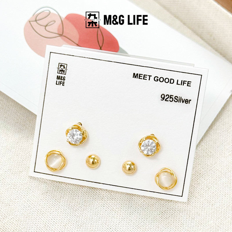 M&G LIFE Silver Needle Earrings ต่างหู 6 คู่ ต่างหูเงิน ต่างหูแป้น ต่างหูสำหรับผู้หญิง