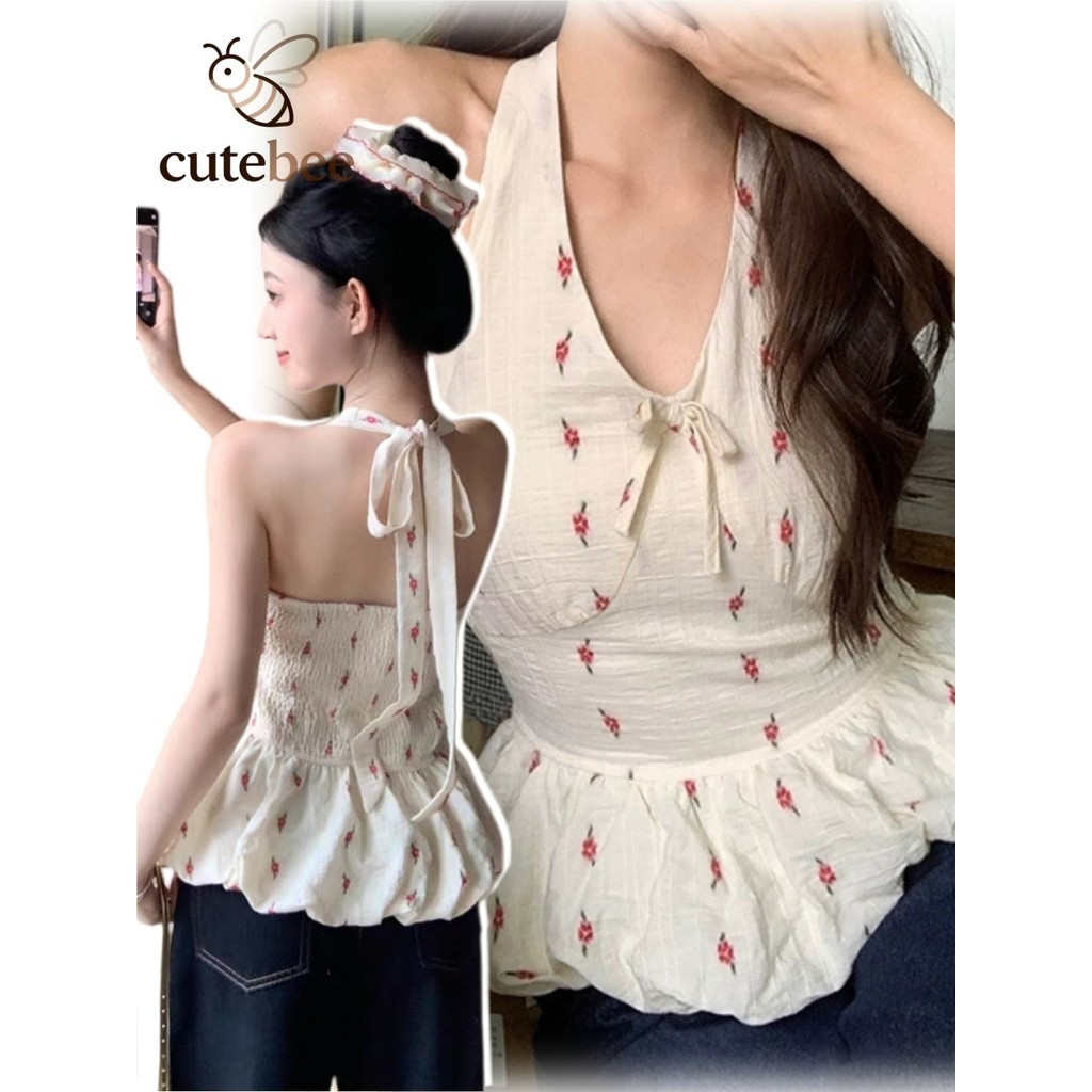 🐝CuteBee🐝24/2 เสื้อคล้องคอ เสื้อลายผู้หญิง ลายดอกไม้ ดีเทลแต่งโบว์ ทรงบัลเล่ต์ น่ารักๆ ท็อปคร็อปสายเ