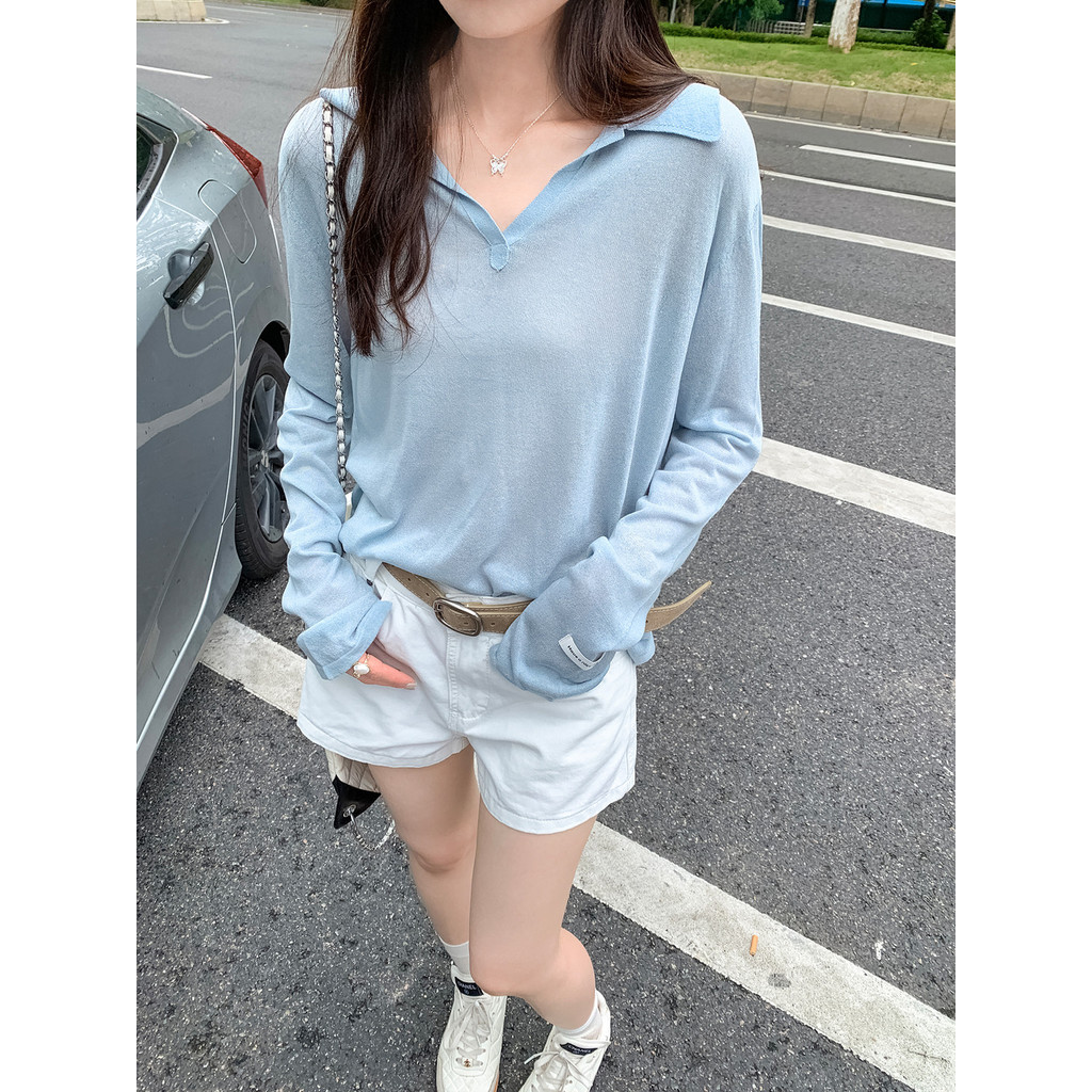 91738 Lyocell Fiber Blue Thin Long-Sleeved T-Shirt Women