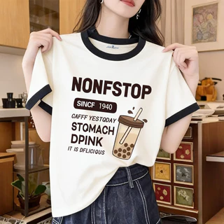 (อัปเกรดอย่างสมบูรณ์) เสื้อแขนสั้นคอกลมสไตล์เกาหลีสำหรับผู้หญิง พิมพ์ลายสกรีน ไม่ลอกง่าย มี 4 สีให้เลือก (ไซส์ M-XXXL)