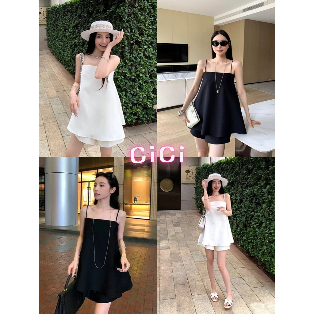 ส่งทันทีCici (No. 3418) Set 2 ชิ้น เสื้อสายเดี่ยวปรับสายได้+กางเกงสม็อคเอว ดีเทลกระเป๋าด้านข้าง มีซับใน ดูเรียบง่าย