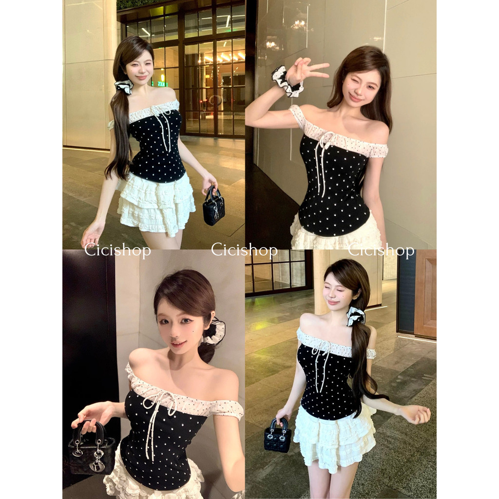 Cicishop(H88176) เสื้อปาดไหล่Polkadot ดีเทลแต่งเชือกด้านหน้า จั๊มแขน ทรงครอปเข้ารูป สไตล์สาวเกาหลี