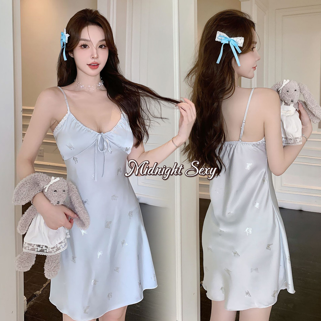 ชุดนอนซาติน เดรส ลายผีเสื้อ ระบายอากาศ ผ้าคุณภาพสูง ใส่สบาย มีหลายสีให้เลือก ส่งจากไทย