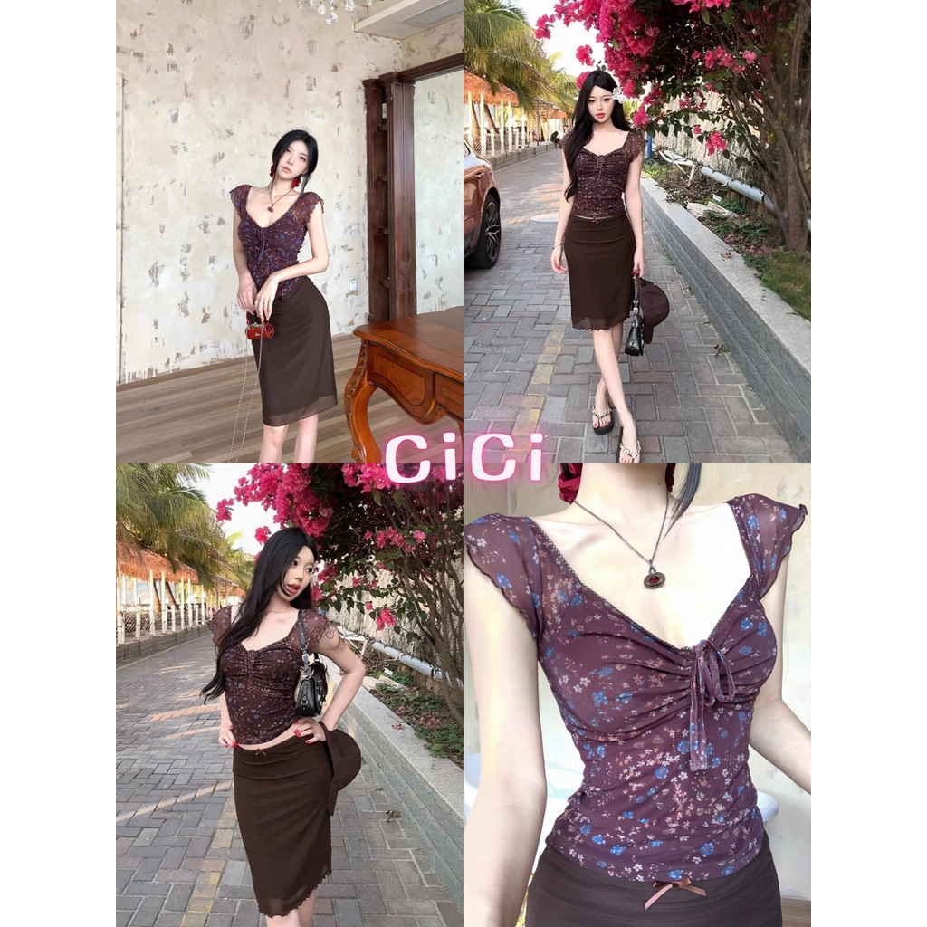 ส่งทันทีCici(No. H88157) เสื้อแขนสั้นซีทรูลายดอกมีซับใน ดีเทลเชือกรูดหน้า สไตล์สาวแฟรี่วินเทจ Y2K