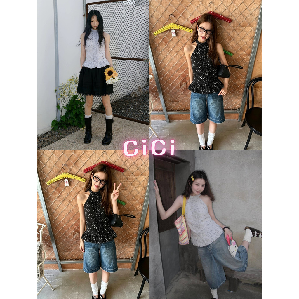 ส่งทันทีCici (No. H88165) เสื้อคล้องคอแขนกุด ลายจุด Polka Dot แต่งระบายหน้า สไตล์ลูกคุณหนู