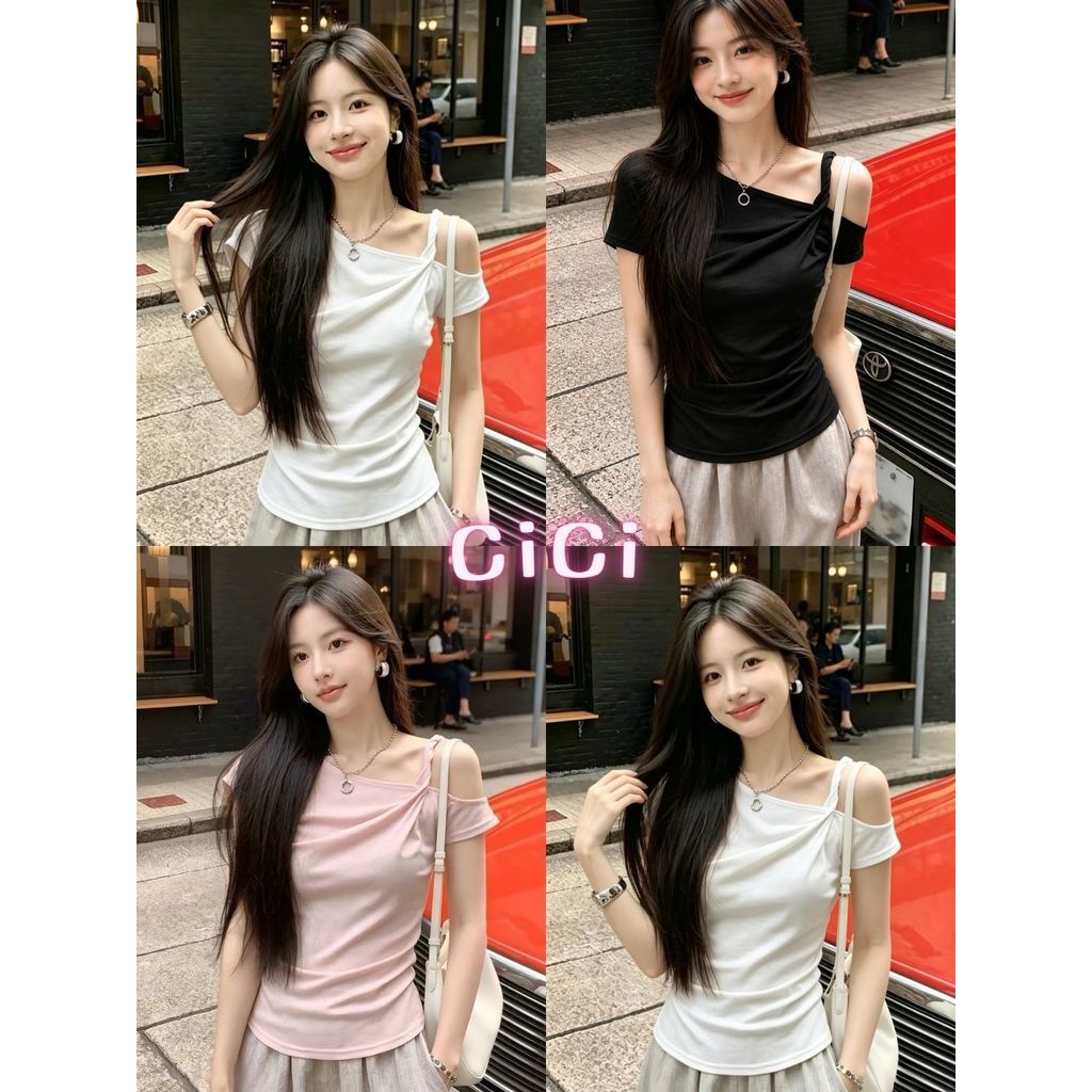 ส่งทันทีCici (No. W9744) เสื้อเปิดไหล่ผ้ายืดเข้ารูป ทรงสวยเก็บหุ่น ดีไซน์สายหวานละมุน แมตช์ง่าย สไตล์สาวคาเฟ่เกาหลี