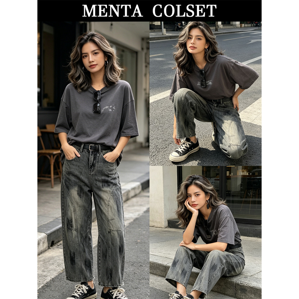 MentaCloset กางเกงยีนส์อเมริกันวินเทจ สีย้อมสกปรกเก่า กระบอกโค้ง หลวม สไตล์นอกกระแส ดีคอนสตรัค ขากว้าง S-5XL 6664