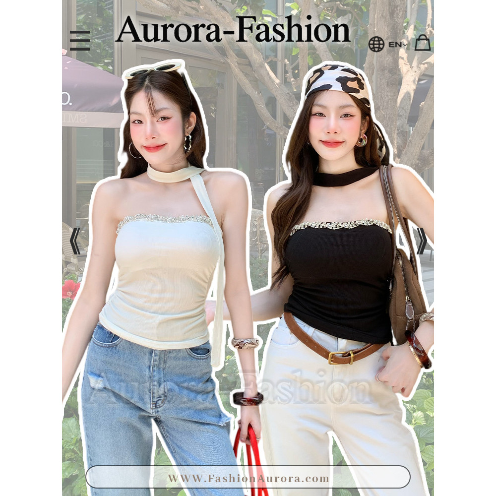 Aurora พร้อมส่ง (รูปถ่ายจากงานจริง) เสื้อเกาะอกขอบประดับลูกปัดคริสตัลวิบวับ มีฟองน้ำ ทรงตัดเข้ารูปโชว์สัดส่วน ลุคเซ็กซี่