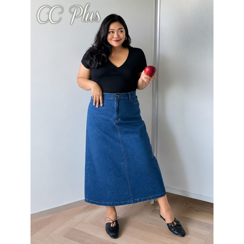 CiCi Plus+ (633) กระโปรงยีนส์ยาวพลัสไซส์ กระดุมหน้า เอวหลังสม็อค ผ่าหลัง กระโปรงสาวอวบ ใส่ง่ายแมตช์ได้หลายลุค