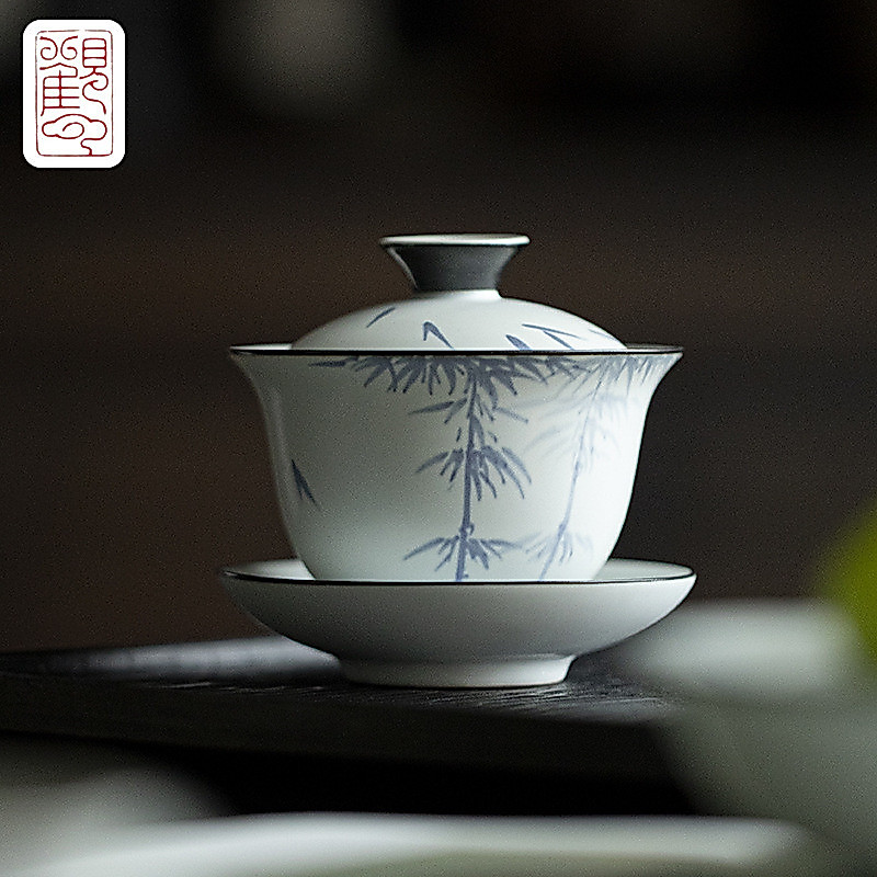 ไม้ไผ่ทาสีด้วยมือ Sancai Gaiwan Kung Fu ชุดชาโซดาเคลือบสีเทาโบราณชามชาเซรามิค Gaiwan [T2-510]