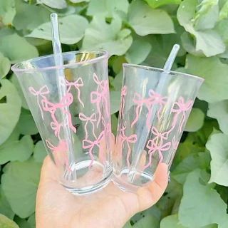 แก้วน้ำรูปโบว์ แถมหลอด ขนาดใหญ่ 500 ml ใส่ได้ทั้งร้อนและเย็น พร้อมส่ง